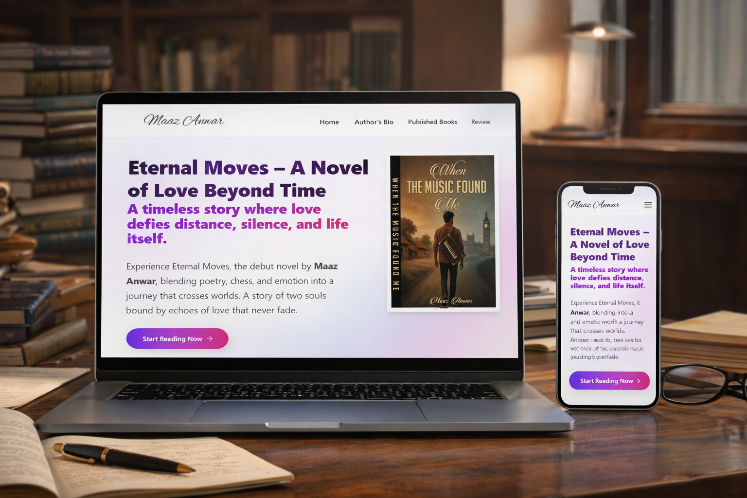 
                Responsive Maaz Anwar author portfolio website interface shown on laptop and mobile devices in a creative writer workspace                